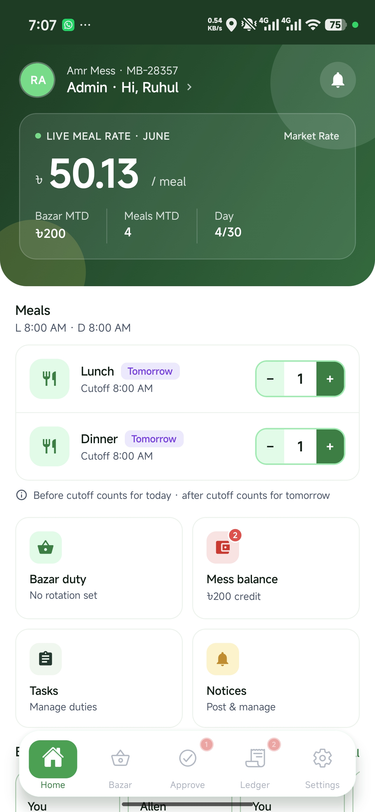 MessBuddy app home screen: the meal rate, today's meals, and quick actions