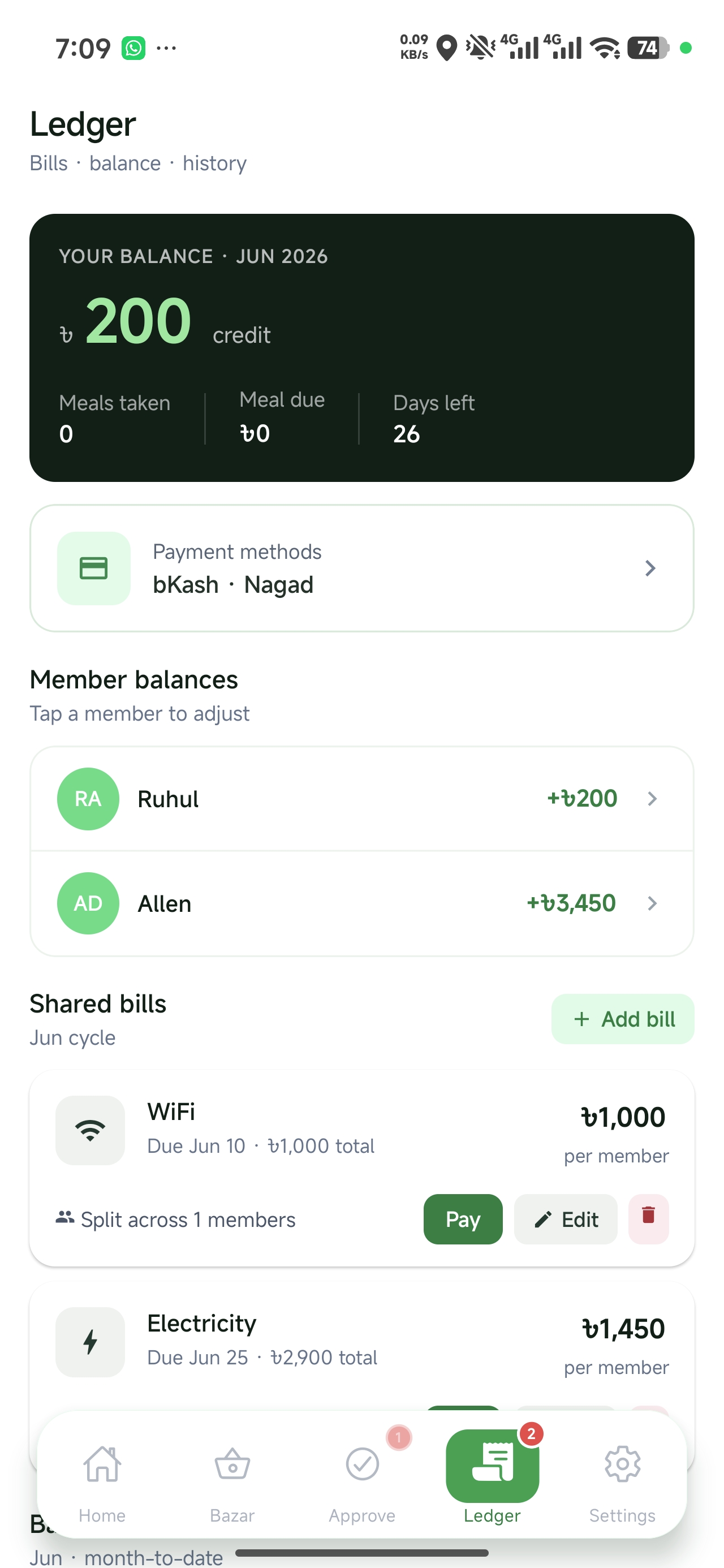 Ledger screen with member balances and shared bills